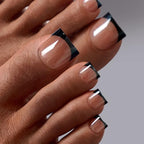 BTArtbox Press On Toenails - Real Square Glaze Black French Tip Toe Nail Press Ons with Glue for Women, Opaque Fake Toe Nail Tips in 15 Sizes - 30 Toenails Kit, Gunmetal