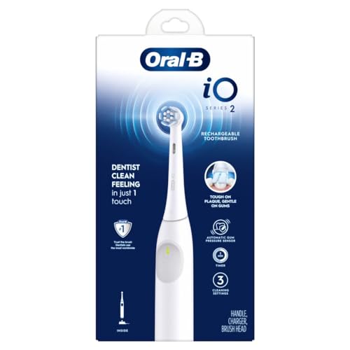 Oral-B iO Series 2 Rechargeable Electric Powered Toothbrush, Pure White with 1 Gentle Care Brush Head - Automatic Pressure Sensor to Protect Gums - 3 Modes - 2 Min Timer