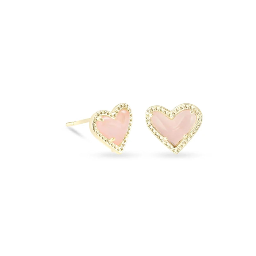 Kendra Scott Ari Heart Stud Earrring, 14k Gold Plated Brass, Rose Quartz, Fashion Jewelry for Women