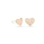 Kendra Scott Ari Heart Stud Earrring, 14k Gold Plated Brass, Rose Quartz, Fashion Jewelry for Women