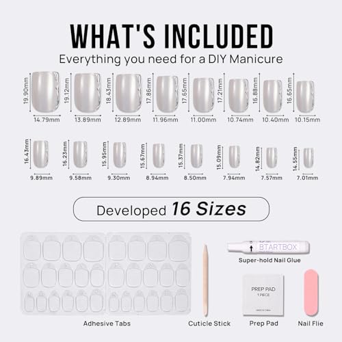 BTArtbox Press On Nails Short - White Press On Nails with 3D Sculpting Metallic Design, Square Fake Nails for Women Gift, Supremely Fit Glue On Nails in 16 Sizes, Chromium