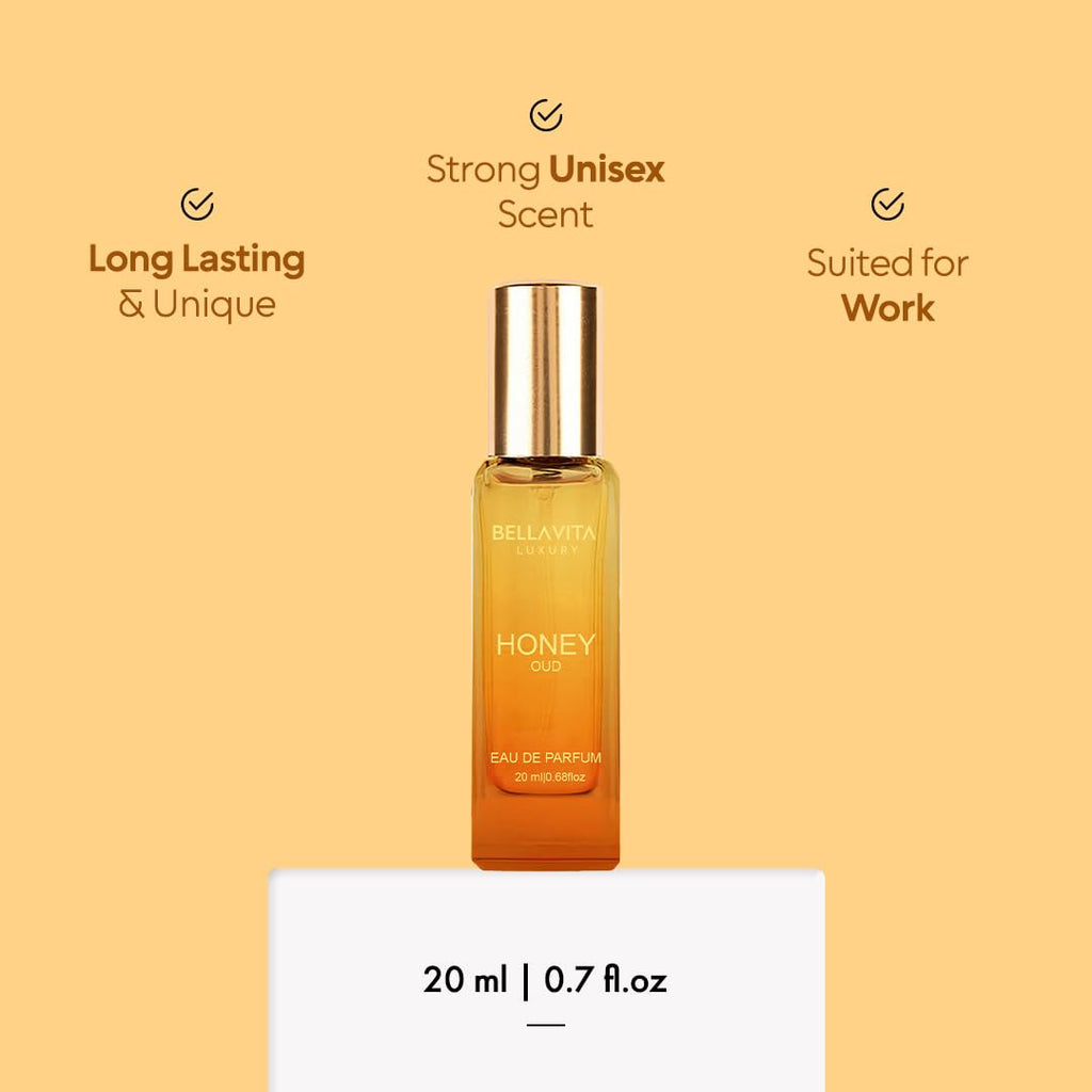 BellaVita Luxury Honey OUD Eau de Parfum Travel Size Edition 20 ml | Long-Lasting Mini Perfumes for Women | Notes: Patchouli, Vanilla, Bergamot & Spicy Notes | Pocket Perfume for Women | Vegan Perfume