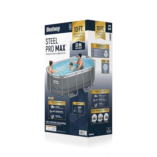 Bestway Steel Pro MAX 10' x 6'7' x 33' Oval Above Ground Swimming Pool Set, 330 GPH Filter Pump, Tritech Puncture Resistant Liner, ClickConnect Steel Frame, Gray