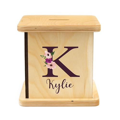 Wooden Piggy Bank for Kids and Adults, Personalized Gift Handmade in USA by BloomOwl, Custom Piggy Bank, Personalized Banks for Kids, Gifts for Baby Boys and Girls (Plum Floral)