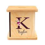 Wooden Piggy Bank for Kids and Adults, Personalized Gift Handmade in USA by BloomOwl, Custom Piggy Bank, Personalized Banks for Kids, Gifts for Baby Boys and Girls (Plum Floral)