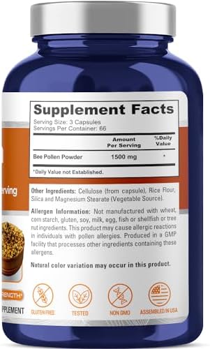 NusaPure Bee Pollen 1500mg 200 Veggie Caps (100% Vegetarian, Non-GMO, Gluten Free) Naturally Occurring Proteins, Aminoacids*