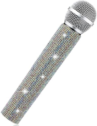 Sanwuta Fake Microphone Prop Sparkly Bling Rhinestones Plastic Play Microphone Pretend Glitter Bedazzled Mic for Cosplay Party Costume(AB Color)