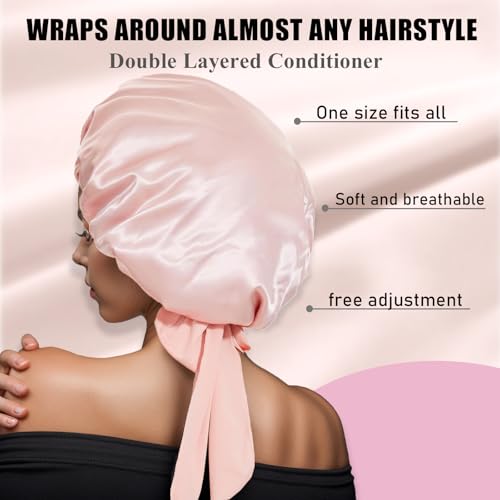 2Pc Bonnet Satin Silk Hair Bonnet With Tie Band for Sleeping Large Bonnets Hair Wrap with Adjustable Straps Hair Shower Cap Sleep Caps for Women Curly Braid Hair(pink+black)