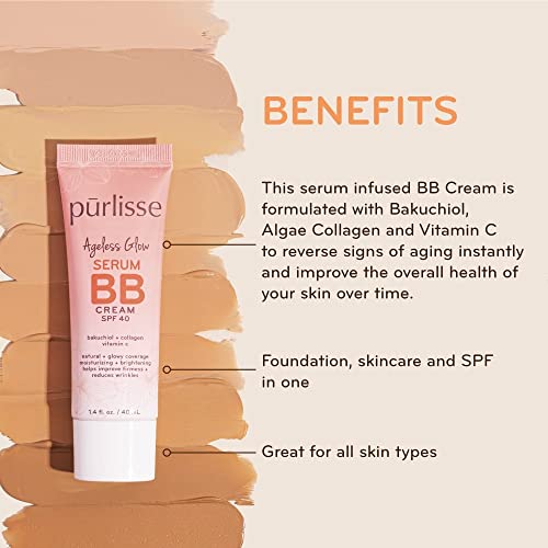 pūrlisse Ageless Glow Serum BB Cream SPF 40 : Clean & Cruelty-Free, Full & Flawless Coverage, Hydrates with Collagen | Medium 1.4oz