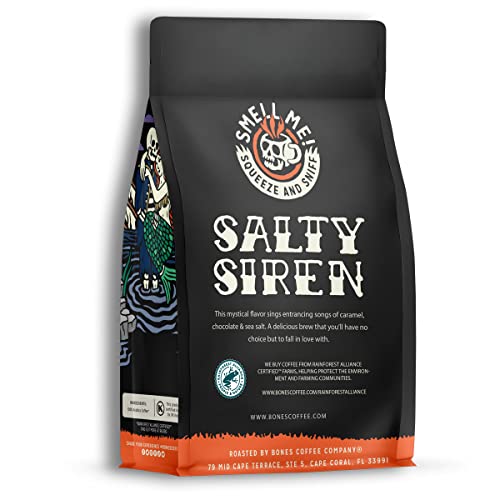 Bones Coffee Company Salty Siren Flavored Coffee Beans, Medium Roast Ground Coffee Low Acid, Caramel Chocolate Flavor (12 oz)