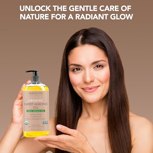 Majestic Pure USDA Organic Sweet Almond Oil | 100% Pure & Natural Cold Pressed Oil Sweet Almond Oil for Skin, Face, Nails, Hair, Scalp & Massage | 8fl oz