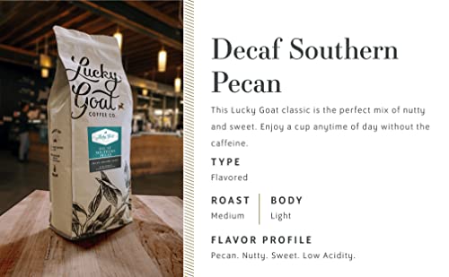 Lucky Goat Flavored Decaf Southern Pecan Coffee – 5 Pounds Bulk Ground - 5lb Bag - Natural Water Process, Nutty & Sweet, Low Acid, Smooth Body, Medium Roast, Gluten Free, Sugar Free, Keto Friendly