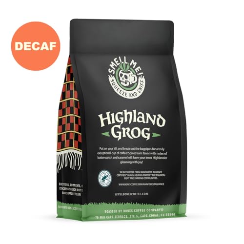Bones Coffee Company Decaf Highland Grog Flavored Coffee Beans, Medium Roast Ground Coffee Low Acid Decaffeinated, Butterscotch Caramel Flavor (12 oz)