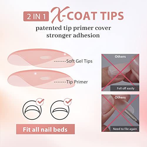 BTArtbox Press On Nails Medium - Soft Gel Nail Tips Almond XCOATTIPS Natural with Base Color, Stronger Adhesion, Pre-shaped Ultra Fit Fake Nails for Short Nail Extensions