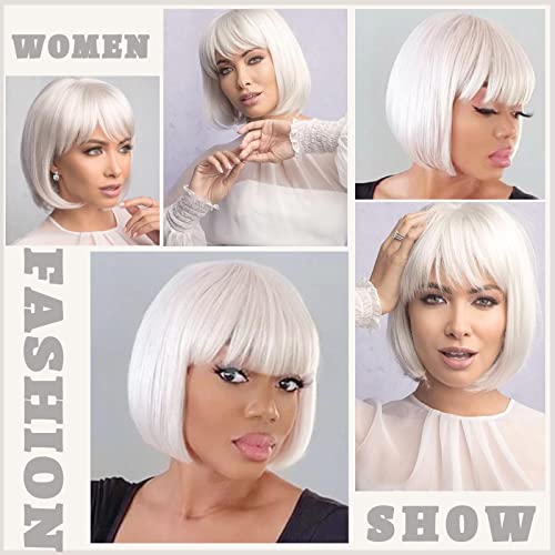 WERD Short White Bob Wig Bangs Straight White Wig for Women Natural Synthetic Short White Wig Bangs for Daily Party Cosplay Halloween