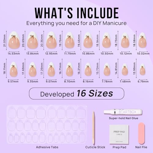 BTArtbox Press on Nails Short -White Designed French Tip Press On Nails Almond with Bow, Glue On Nails for Gifts, Natural Stick On Nails in 16 Sizes - 30 Fake Nails Kit, Dinner Star