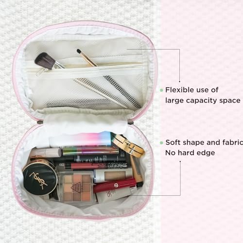 Makeup Bag Large Travel Quilted Cosmetic Makeup Bag Organizer, Floral Cotton Coquette Aesthetic Toiletry Bag for Women Girls (Pink Floral-L)