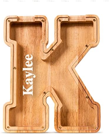 Summidate Customized Name Large Wooden Piggy Bank for Kids Boys Girls Alphabets Letter A-Z Coins Bills Money Change Bank Box Initial on Clear Cover (Laser Engraved) (Alphabet-K, Personalized-9")