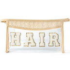 Boho Patch Cosmetic Bag - Valentine's Day HAIR Chenille Varsity Letter Toiletry Bag Beige Clear Waterproof Travel Makeup Bag PVC Zipper Clutch Daily Use Purse New Year Gifts for Women Girls