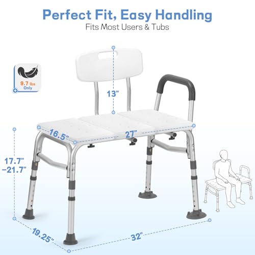 500lb Heavy Duty Shower Bench, Tool-Free Tub Transfer Bench with Arms & Back, Height Adjustable Handicap Shower Seat, Non-Slip Bath Safety Chair for Elderly & Surgery Recovery