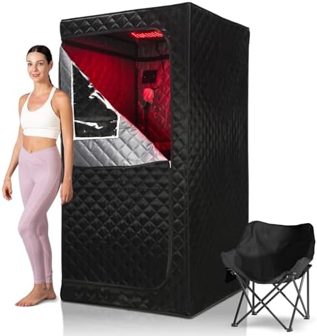 Full Size Portable Infrared Home Sauna, Upgraded Personal Sauna Box with 660nm Red Light Therapy Lamp, Separate Heating Foot Pad and Portable Chair for Relaxation Detox