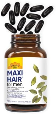 Country Life Maxi-Hair for Men - 2000mcg Biotin, Saw Palmetto, Pumpkin Seed Oil, DIM, Potassium, Magnesium, Calcium & Zinc Blend - Supports Healthier Hair, Scalp, Skin & Nails, 60 Vegan Capsules