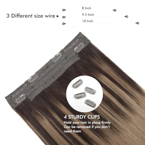 Sassina Invisible Wire Hair Extensions Real Human Hair with Transparent Wire Adjustable Size Secure Clips Natural Straight Secret Miracle Hairpiece, Balayage 2-6 20 Inch 100 Gram