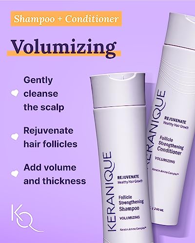 Keranique Volumizing Set for Thinning Hair in Women - Thickening Shampoo, Conditioner, Follicle Booster Serum, Volumizing Spray with Keratin for Fine Texture Boost and Repair