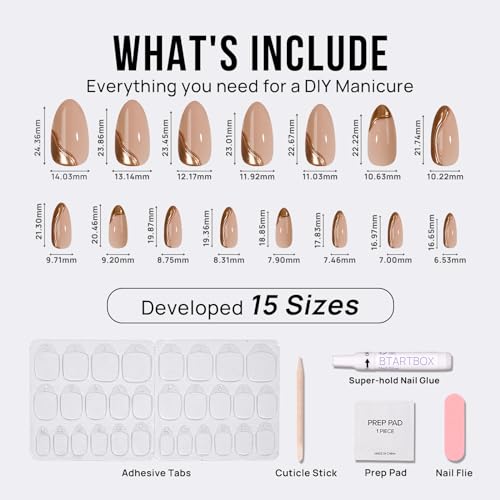 BTArtbox Press On Nails Almond - Glue On Nails Medium with 3D Sculpting Metallic Design, Supremely Fit & Glossy Fake Nails in 15 Sizes, Amber