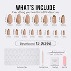 BTArtbox Press On Nails Almond - Glue On Nails Medium with 3D Sculpting Metallic Design, Supremely Fit & Glossy Fake Nails in 15 Sizes, Amber