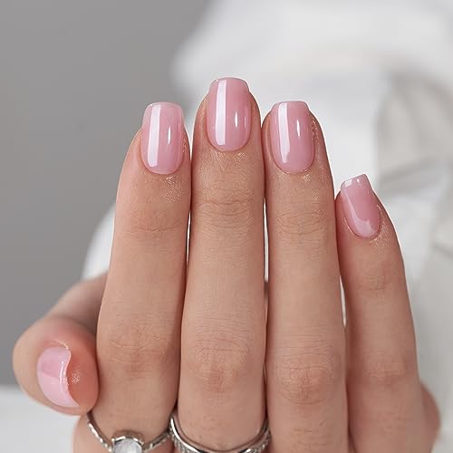 BTArtbox Press On Nails Short - Square Press On Nails, Pink Chrome Nail Tips Glue On Nails with Nail Glue, Reusable Stick On Nails in 15 Sizes - 30 Soft Gel Fake Nails Kit, Lotus Glazed