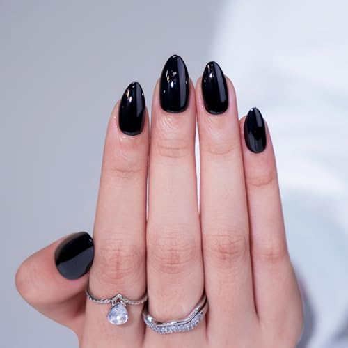 Black Press On Nails Almond - BTArtbox Short Press On Nails with Nail Glue, Fit Perfectly & Natural Reusable Stick On Nails in 16 Sizes - 30PCS Soft Gel Glue On Nails Kit, Black Velvet