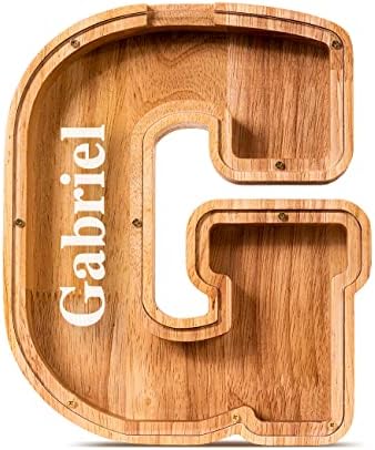 Summidate Customized Name Large Wooden Piggy Bank for Kids Boys Girls Alphabets Letter A-Z Coins Bills Money Change Bank Box Initial on Clear Cover (Laser Engraved) (Alphabet-G, Personalized-9")