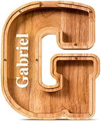 Summidate Customized Name Large Wooden Piggy Bank for Kids Boys Girls Alphabets Letter A-Z Coins Bills Money Change Bank Box Initial on Clear Cover (Laser Engraved) (Alphabet-G, Personalized-9")