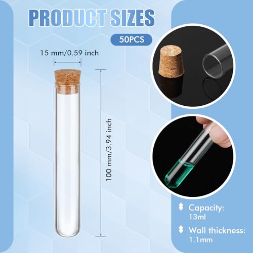 Thyle Glass Test Tubes with Cork Clear Stoppers Round Bottom Lab Test Alcohol Tampons Glass Tubes Container Vials for Plants Scientific Experiments Candy Storage Party Favors (50pcs,15 * 100mm/13ml)