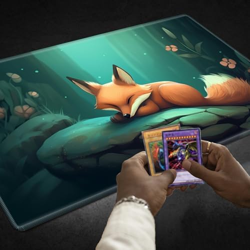 Playmats for Magic: The Gathering MTG Card Game Mat Plus 50 Pcs Card Sleeves, 24 x 14 inch TCG Mat with Stitched Edge for Commander Deck Duskmourn Board Game, Sleeping Fox