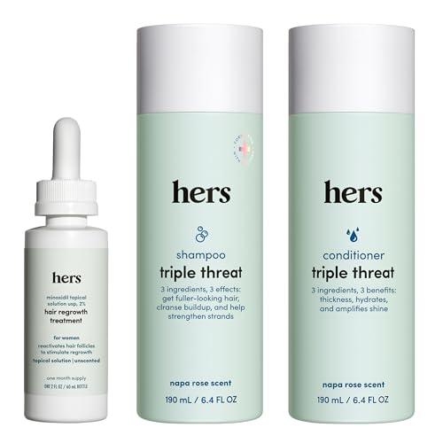 HIMS & HERS Triple Threat Shampoo, Conditioner and 2% Minoxidil Serum - Hair Loss Treatment For Women - Includes Minoxidil Serum, Color Safe Hair Thickening Shampoo and Conditioner - 3 Count