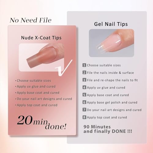 BTArtbox XCOATTIPS Gel Nail Kit - Long Square Nail Tips with Gel Glue, Top Coat, Nail Lamp, Brown Pre-colored Gel Nails, One-Step Fake Nails Kit for Nail Art DIY