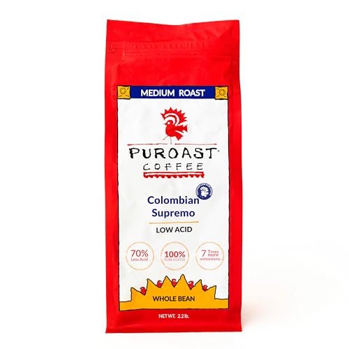 Puroast Low Acid Coffee Bean | Colombian Supremo Whole Bean | Medium Roast | High Antioxidants & High pH |No Bitter Aftertaste | Reduced Heartburn & GERD | Suitable for Cold Brew - 2.2 LB