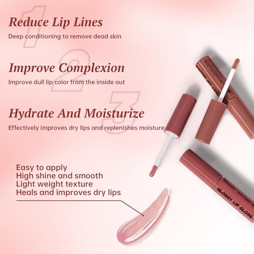 2 Colors Nourishing Lip Gloss with Peel Off Lip Liner Stain Combo for Women, Waterproof Long Wear Tattoo Lip Stain, Non Sticky High Glossy Lip Tint Brown Lip liner Set Lip Glow Oil Makeup