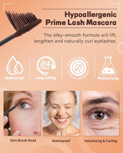 Mascara for Older Women 60 Plus, Black+Brown Mascara Volume and Length for Mature Women with Thinning Lashes, Prime Mascara Waterproof Long Lasting Volumizing,Hypoallergenic Mascara for Sensitive Eyes