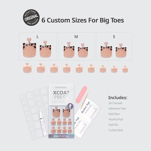 BTArtbox Press On Toenails - Lamp-Curable Real Square French Tip Toe Nail Press Ons with Glue for Women, Semi-Transparent Fake Toe Nail Tips in 15 Sizes - 30 Toenails Kit, Leopard
