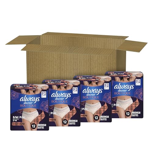 Always Discreet Boutique Incontinence and Postpartum Underwear for Women, Maximum Protection, Small/Medium, Rosy, 48 Count (4 Packs of 12)