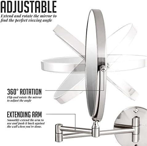 OVENTE 9" Wall Mounted Makeup Mirror with 1X/7X Magnification, Double Sided Magnifying Round Bathroom Vanity Mirror, 360° Swivel Design, Extendable and Folding Arm, Polished Chrome MNLFW90CH1X7X