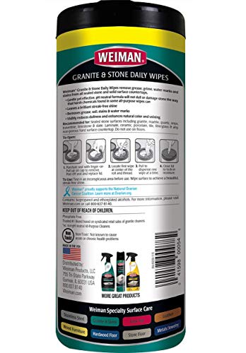Weiman Granite Cleaner and Polish - 30 Wipes - For Granite Marble Soapstone Quartz Quartzite Slate Limestone Corian Laminate Tile Countertop and More (Pack of 1), Package May Vary