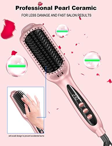 LANDOT Ceramic Hair Straightener Brush: Negative Ion Heated Straightening Brush for Smooth Frizz-Free Hair - Dual Voltage 100-240V Fast Heating Ajustable Temp 250°F-450°F