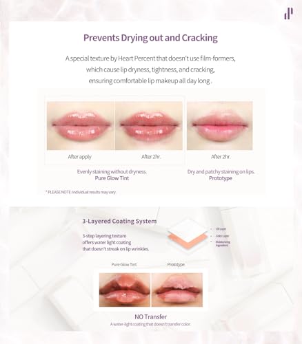 Heart Percent Dote On Mood Pure Glow Tint, Watery & Lightweight Moisturizing Lip Stain Long Lasting Liquid Lipstick 6.8g, #07. Fig Rose