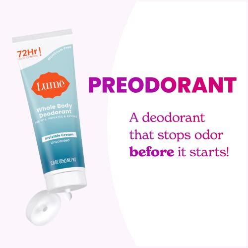 Lume Whole Body Deodorant - Invisible Cream Tube - 72 Hour Odor Control - Aluminum Free, Baking Soda Free, Skin Safe - 3.0 ounce (Unscented)