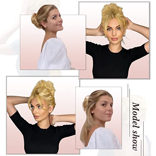 RUWISS Claw Clip Messy Bun Hair Piece Real Human Hair Buns Wavy Curly Chignon Hair Bun Extensions Tousled Updo Hair Buns Claw Clip Ponytail for Women (Black mix Gray and Platinum Blonde Tips)
