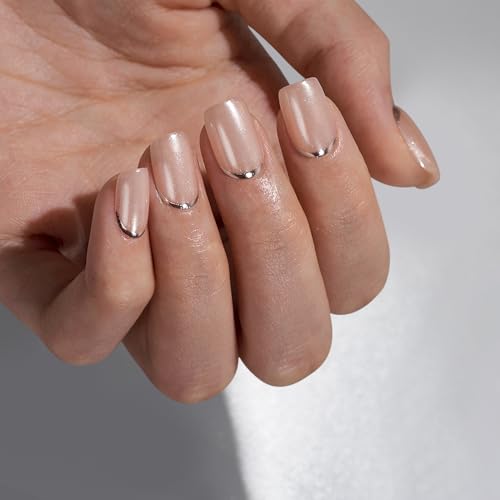 BTArtbox Press On Nails Short Square - Fall Fake Nails with Silver Foil Design, Supremely Fit & Glossy Glue On Nails in 15 Sizes, The Pale Moonshine
